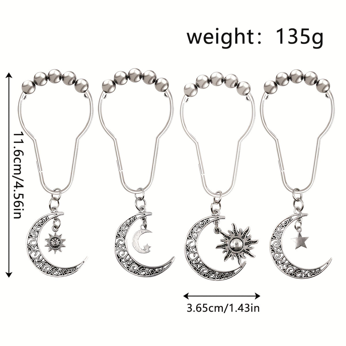 Crescent Shower Curtain Hooks 12 Pack - Silvery Moon Design Cast Iron Rust-Resistant Decorative Curtain Rings, Easy Install for Bathroom Kitchen & Standard Shower Rods