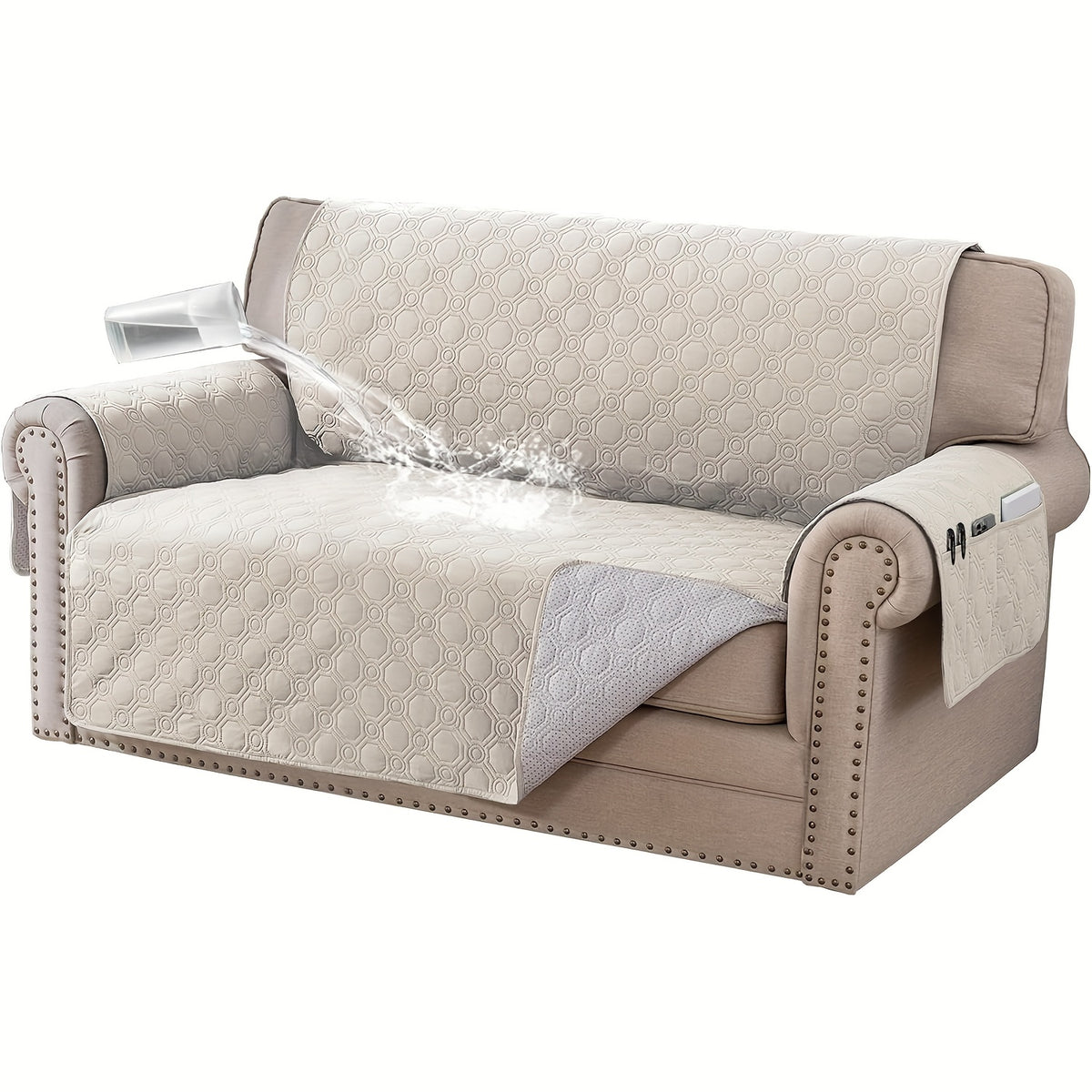 Liquid-Resistant Sofa Cover with Pocket, Geometric Pattern Couch Slipcover Furniture Protector for Pets, Washable Thick Soft 1 2 3 4 Seat Sizes Chair Loveseat Sofa