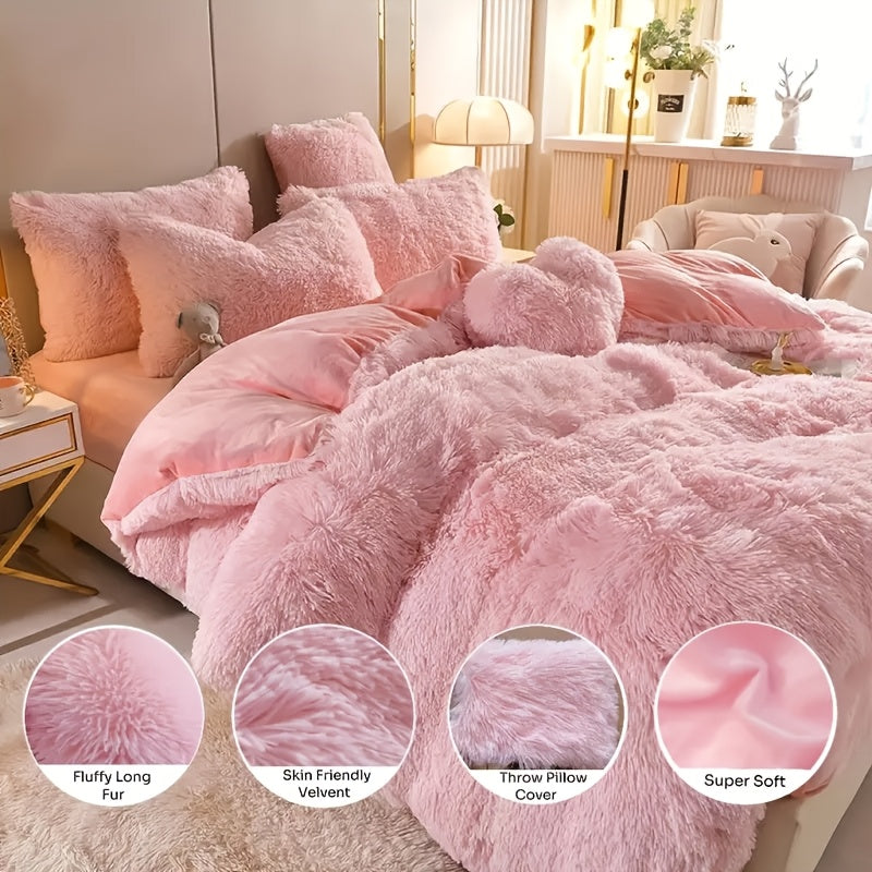 Plush Faux Fur Duvet Cover Set for Kids & Teens, 3/4 Pcs with Pillowcases & Heart Pillow, Super Soft Warm Faux Fur Comforter Cover, Machine Washable Lodge Style Bedding, Twin Queen King