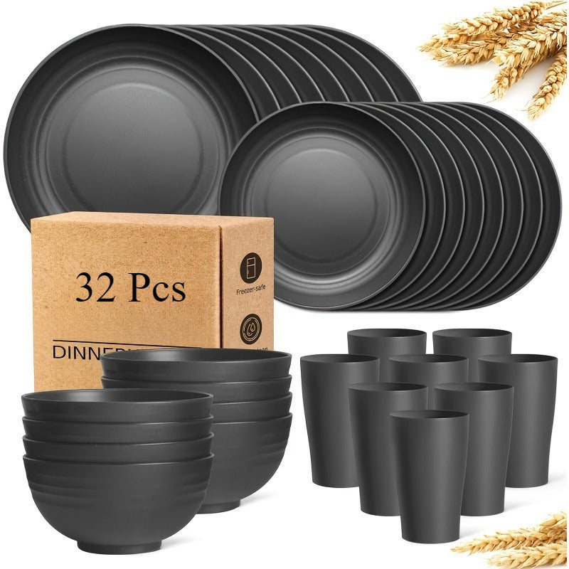16 or 32pcs Wheat Straw Dinnerware Set Plates and Bowls Microwave Dishwasher Safe Durable Plastic Tableware for 8 – Party Gifts Multiple Colors