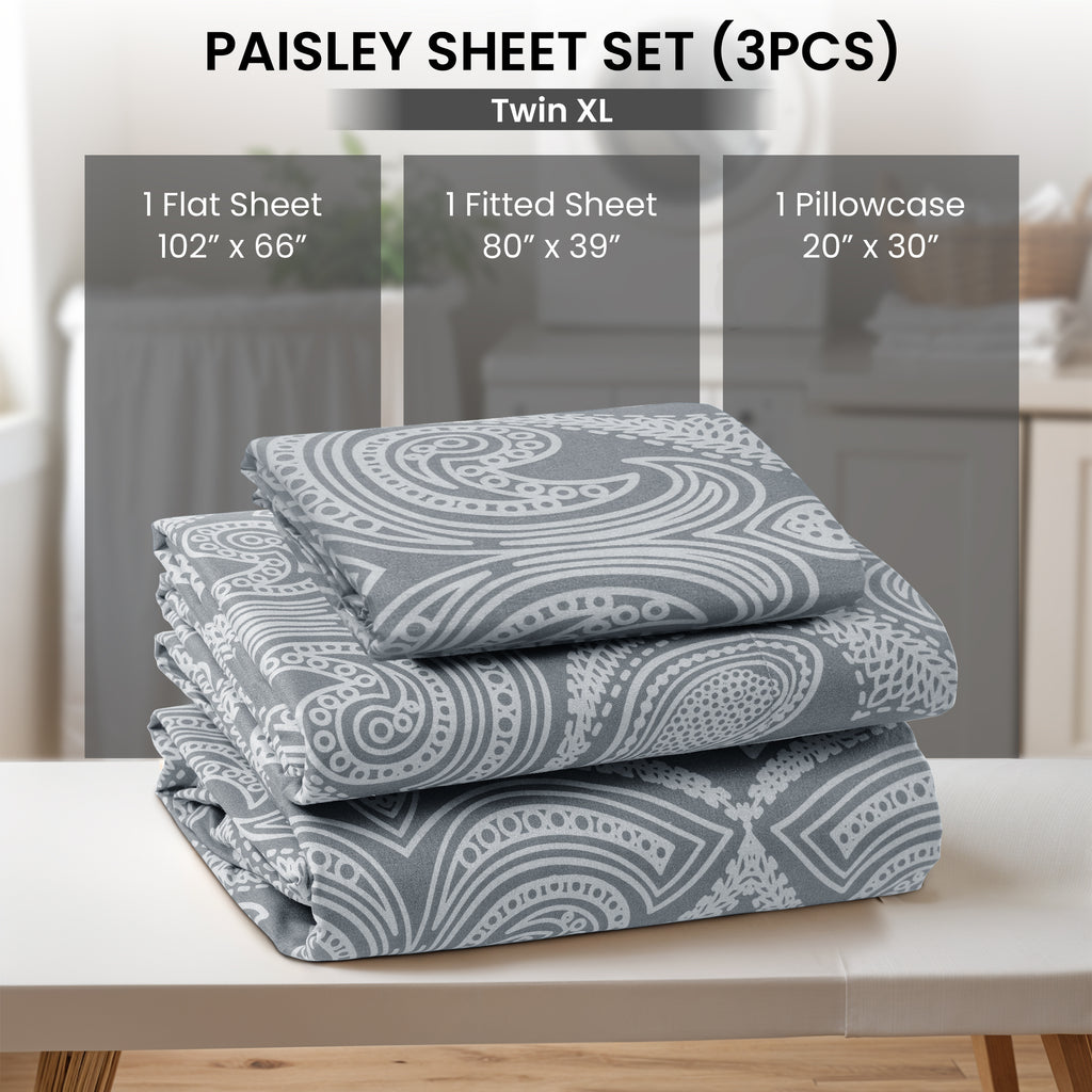Paisley Bed Sheet Sets Queen King Twin Full Cal King – Soft Brushed Microfiber Deep Pocket Fitted Sheet & Pillowcases, Wrinkle Free