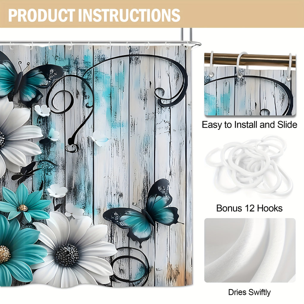 4pcs Floral Butterfly Shower Curtain Set Teal White with 12 Hooks Bath Rug - 2D Print Bathroom Decor Gift for Women Men Home Decoration | Nuvia Haven