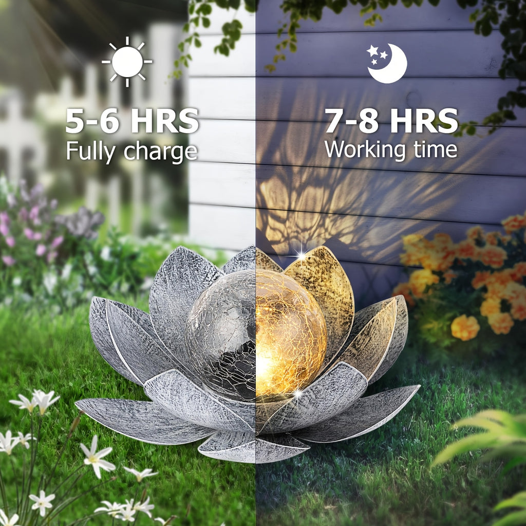 Solar Lotus Flower Garden Light with Cracked Glass Globe & LED Beads, Waterproof Outdoor Stake Light for Patio, Lawn, Steps & Yard, Auto Dusk-to-Dawn, Black White Solar Decorative Landscape Light