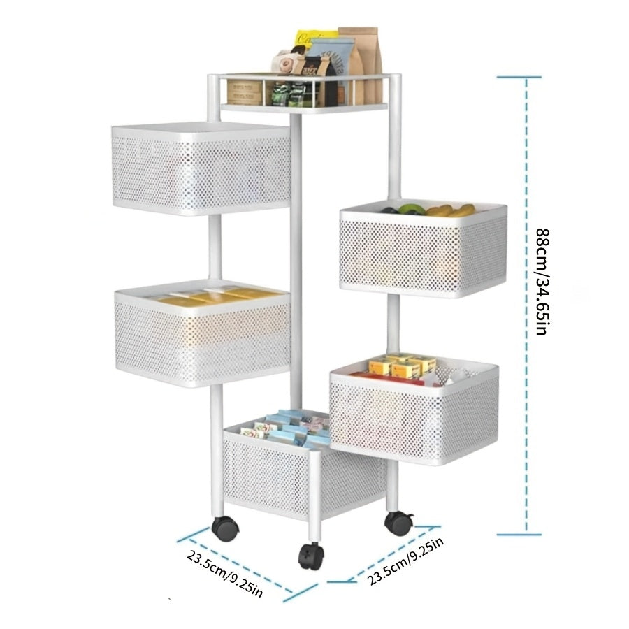 5-Tier Rotating Kitchen Storage Basket on Wheels Metal Fruit Vegetable Rack Rolling Floor Standing Trolley for Kitchen Bathroom Square Black White