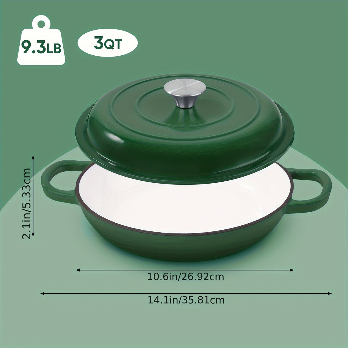 Enamel Cast Iron Dutch Oven 3QT with Lid – Shallow Wide Bottom, Double Handle, 4 Colors (Red, Blue, Green, Orange) | All Stove Types Compatible – Perfect for Cooking, Stewing & Braising