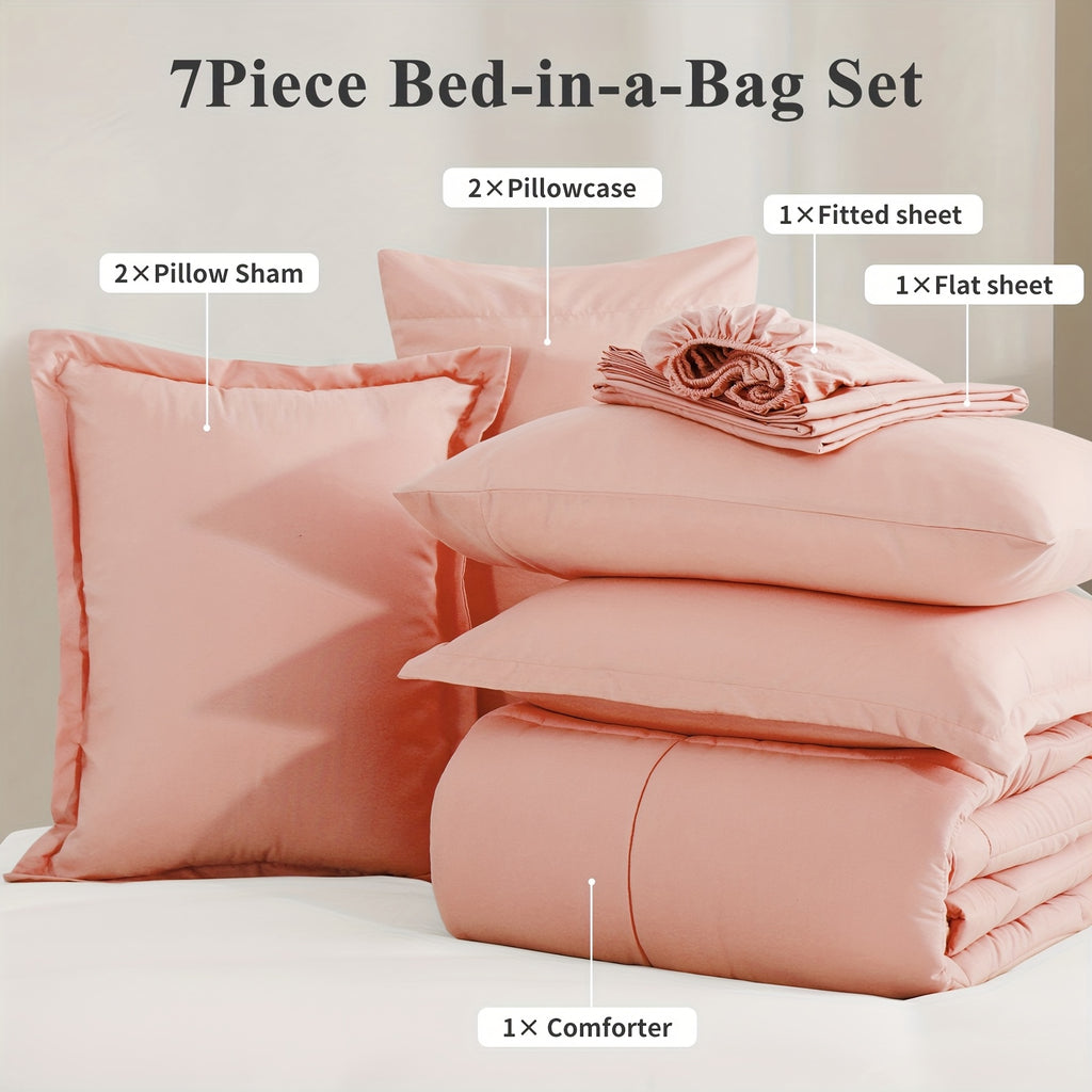 Bed in a Bag Queen 7 Piece Fluffy Comforter Set – Ultra-Soft Microfiber Bedding with Comforter, Fitted Sheet, Flat Sheet & 4 Pillowcases, Hypoallergenic Breathable All Season Bedding Gift for Her