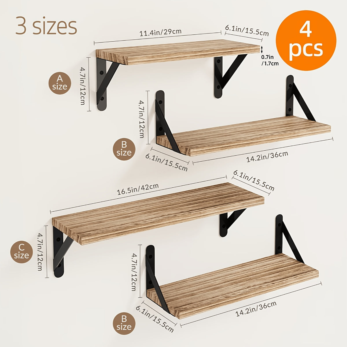 Floating Wall Shelves 4-Pack Wall Mounted Display Shelf for Bedroom Living Room Bathroom Plants Home Decor Storage Wood Color Walnut Black White Light Gray