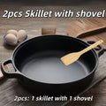 Deep Cast Iron Skillet 8.66 Inch with 2 Handles and Wooden Shovel Flat Bottom Frying Pan Oven Stovetop Grill Campfire Safe for Steak Bread Pizza Camping