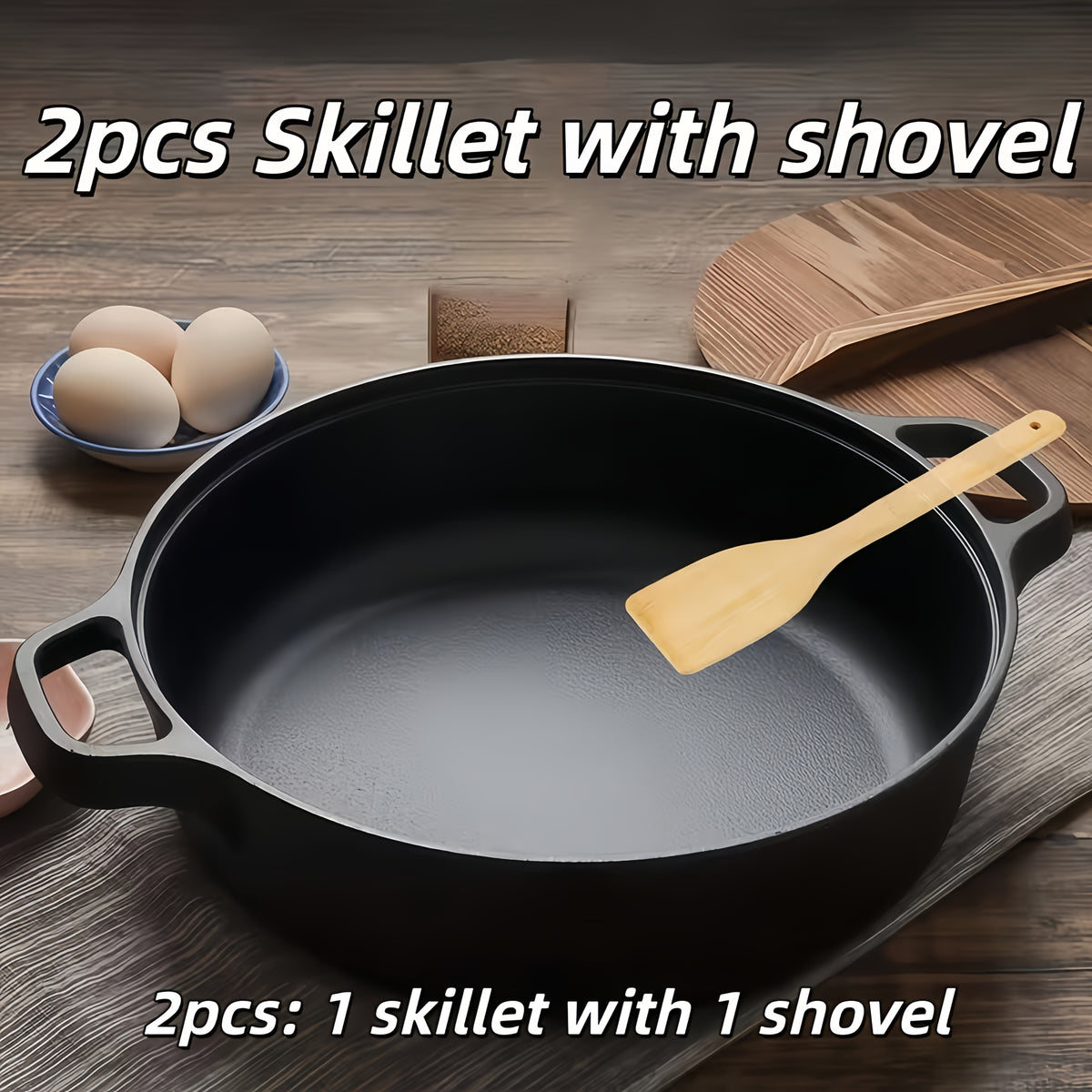 Deep Cast Iron Skillet 8.66 Inch with 2 Handles and Wooden Shovel Flat Bottom Frying Pan Oven Stovetop Grill Campfire Safe for Steak Bread Pizza Camping
