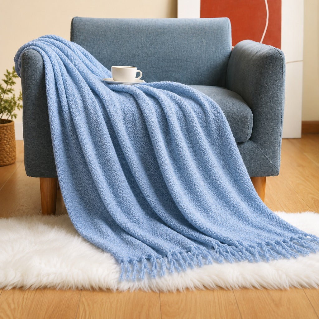 Acrylic Tassel Popcorn Texture Throw Blanket Soft Cozy for Sofa Bed Gift 8 Colors