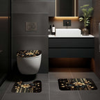 Black Gold Floral Shower Curtain Set 4 Piece with Hooks Anti-Slip Bath Rug Toilet Lid Cover & U-Shaped Mat – 71x71 Inch Luxury Bathroom Decor