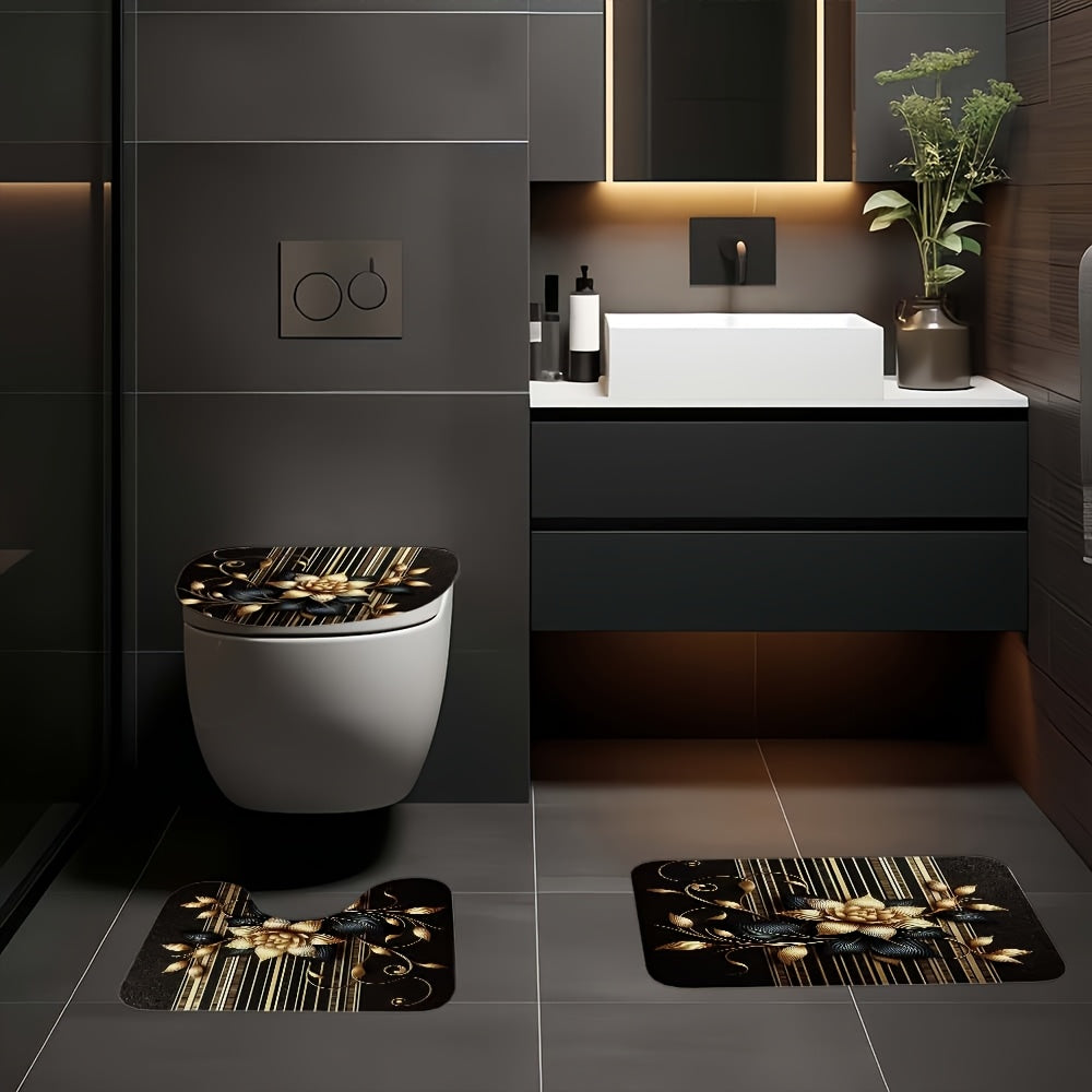 Black Gold Floral Shower Curtain Set 4 Piece with Hooks Anti-Slip Bath Rug Toilet Lid Cover & U-Shaped Mat – 71x71 Inch Luxury Bathroom Decor
