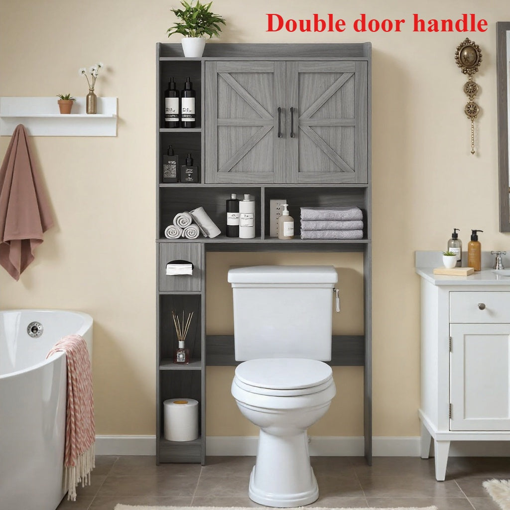Farmhouse Over Toilet Cabinet with Sliding Doors Engineered Wood Adjustable Shelf Toilet Paper Holder Stand Space Saving Bathroom Storage No Wall Mount Multiple Colors