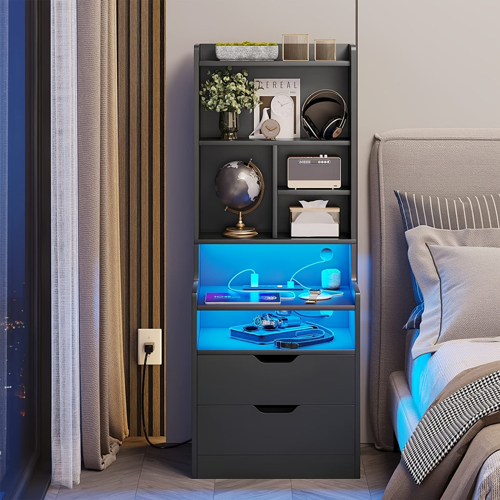 Tall Nightstand with LED Lights & Charging Station | 2 Drawers, Bookshelf & Storage Shelves, 50" Bedside End Table – Gray & Black