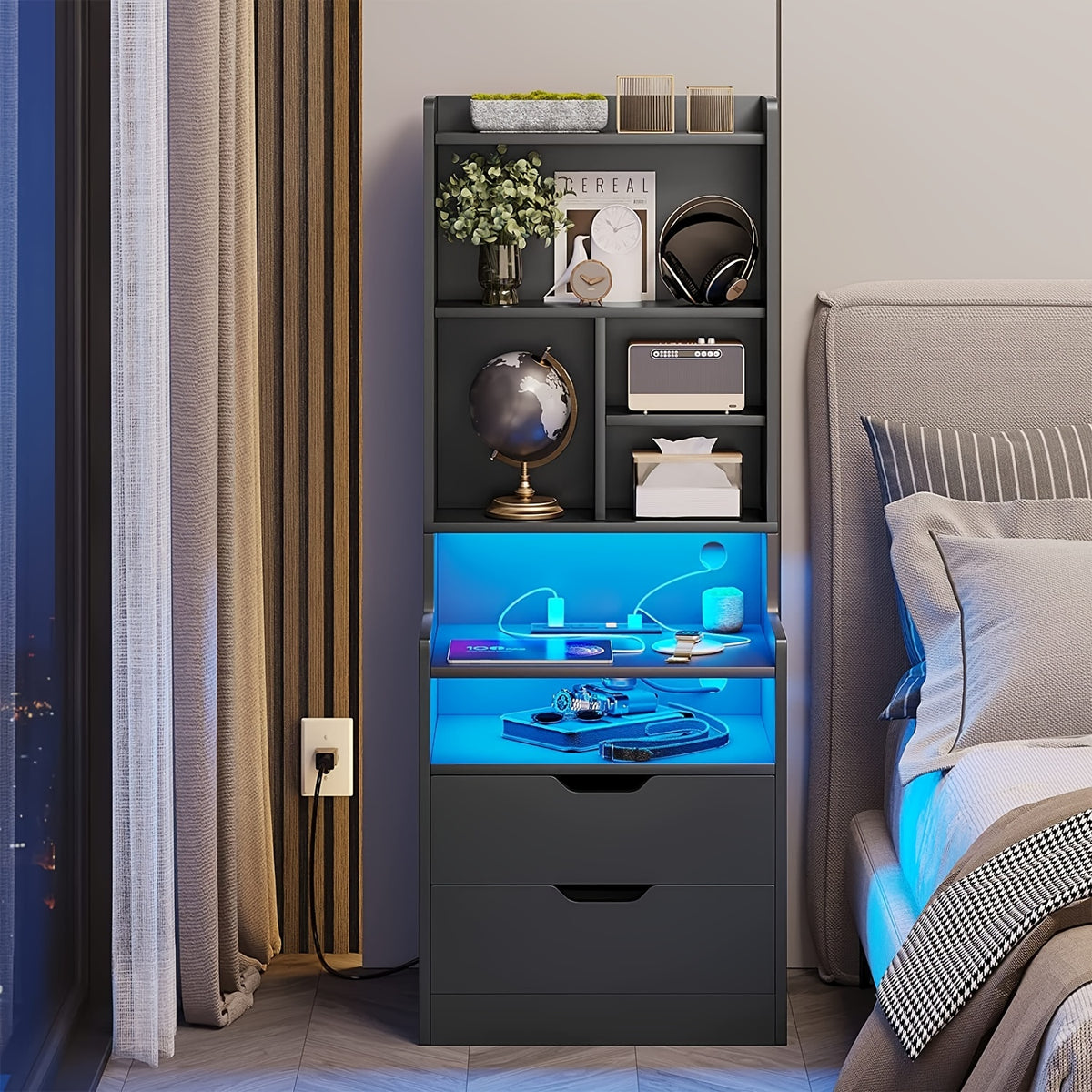 Tall Nightstand with LED Lights & Charging Station | 2 Drawers, Bookshelf & Storage Shelves, 50" Bedside End Table – Gray & Black