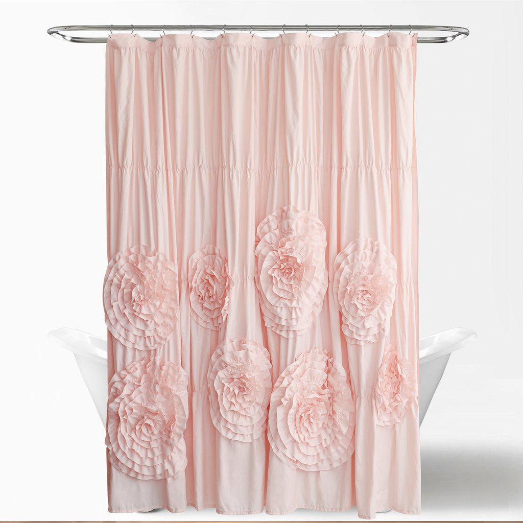 Ruffled Shower Curtain Farmhouse 72x72 - Handmade 3D Flower Vintage Ruched Fabric Bathroom Curtain, Victorian Romantic Luxury Decor, Black Pink Camel, Waterproof Microfiber 12 Holes