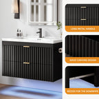 Floating Bathroom Vanity with Sink 24 Inch LED Light Wall Mounted 3-Hole Ceramic Basin Wave Line Design Soft Close Drawers for Small Spaces Black White