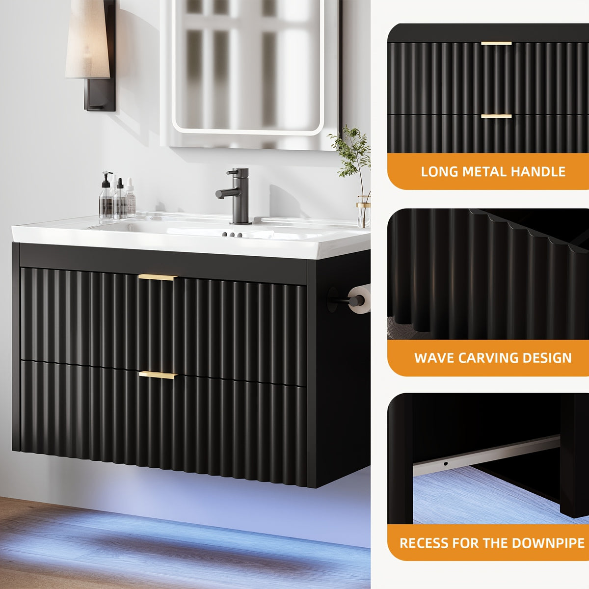Floating Bathroom Vanity with Sink 24 Inch LED Light Wall Mounted 3-Hole Ceramic Basin Wave Line Design Soft Close Drawers for Small Spaces Black White