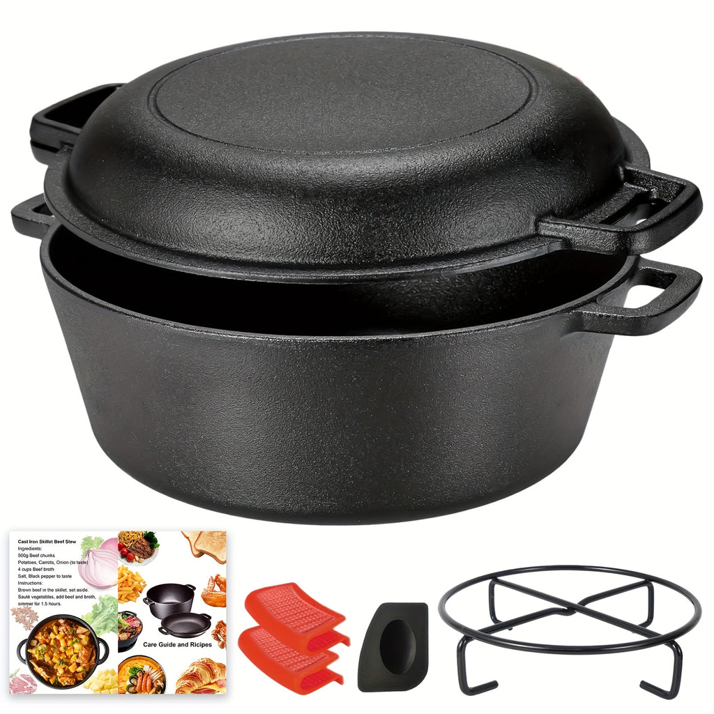 Pre-Seasoned Cast Iron Dutch Oven Set 2-in-1 with Lid, Scraper & Stand – Deep Pot for Camping, BBQ, Bread Baking & Stovetop Cooking