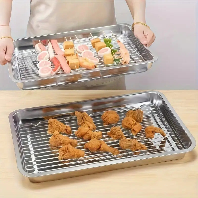 Stainless Steel Baking Tray Set with Cooling Rack & Mesh Basket - 12.5x8.6 Inch Cookie Sheet for Oven Baking, BBQ, Roasting & Vegetable Prep, Multi-Use Kitchen Set for Holiday Cooking