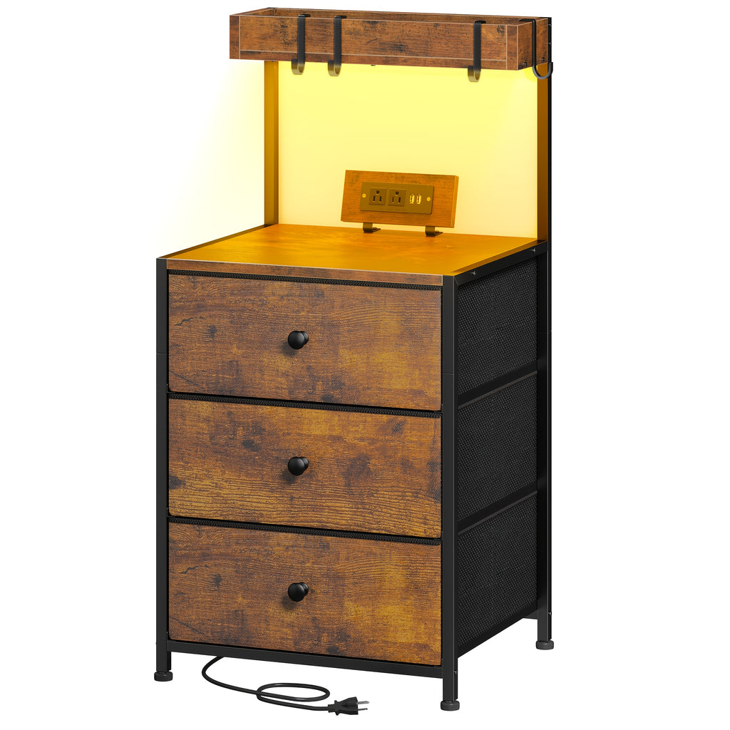Tall Nightstand with Charging Station & LED Lights – 3 Drawers, Shelves, USB Ports, Outlets & 4 Hooks | Bedside Table for Bedroom