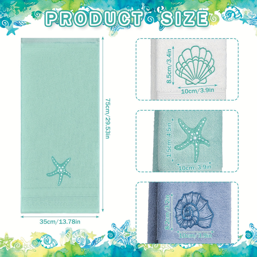 Coastal Hand Towels 3 Pack 100% Cotton - Embroidered Ocean Bathroom Towels 13.78x29.53 Inch, Soft Absorbent Classic Beach Hand Towel Set for Bathroom, Kitchen & Guest Room