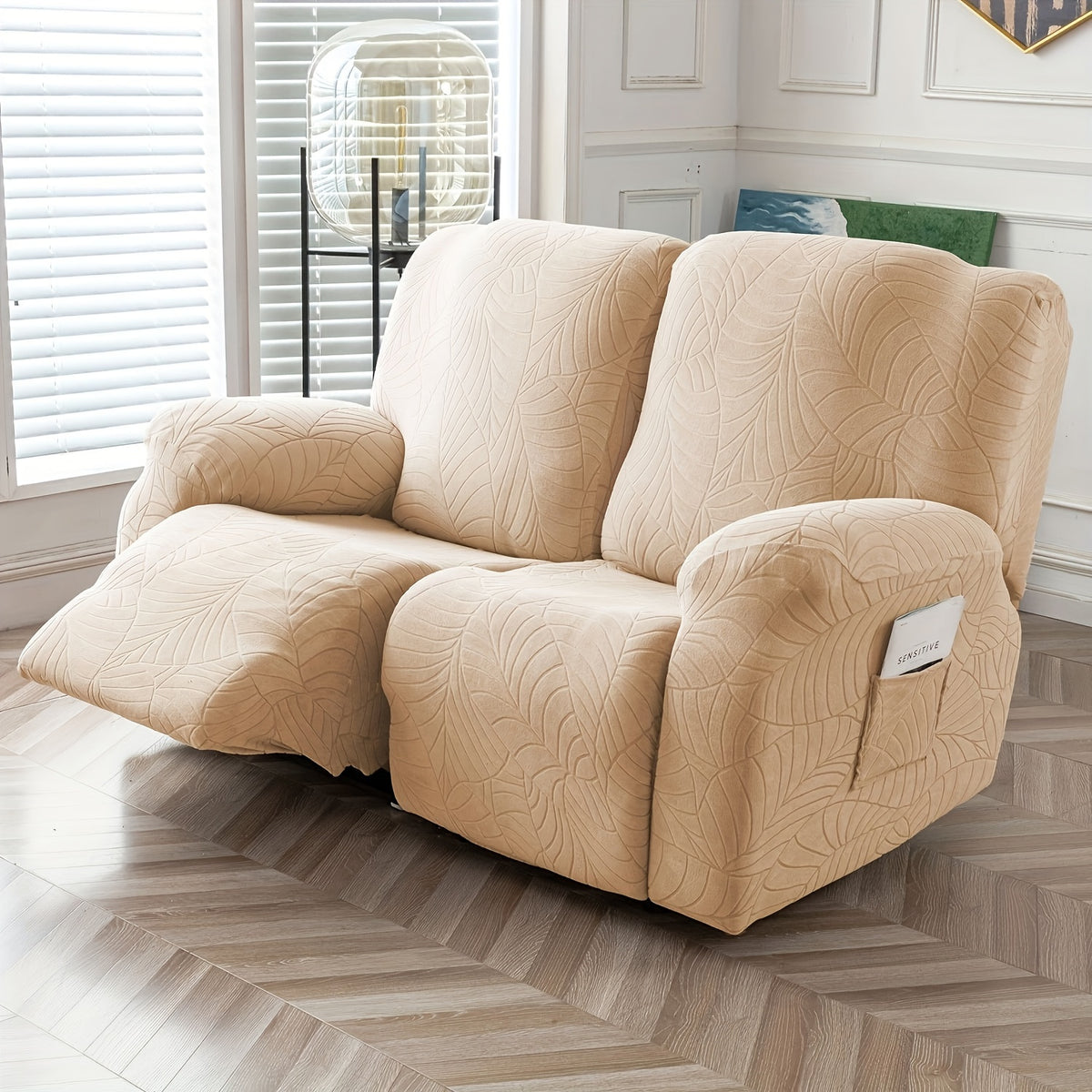 Jacquard Stretch Recliner Sofa Cover – Big Leaves Pattern, 1/2/3 Seater & Loveseat with Console, Winter Insulation Soft Washable, 6 Colors