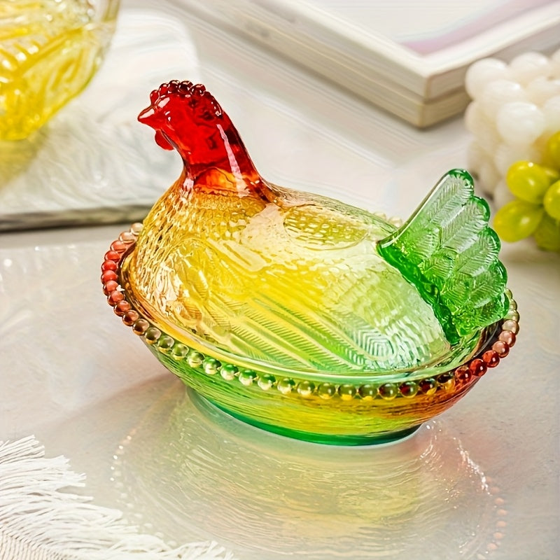 Chicken Shaped Crystal Glass Storage Jar with Lid & Placemat – Candy Colored Decorative Dish for Candy, Snacks, Jewelry & Desktop Decor
