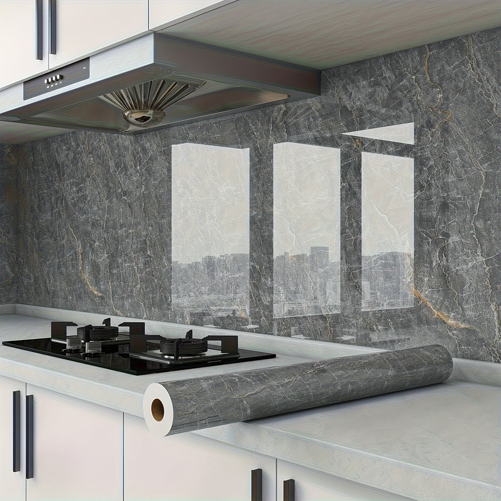 Marble Contact Paper Waterproof Self-Adhesive PET Film Heat Oil Resistant Glossy Vinyl Wrap for Kitchen Cabinets Bathroom Countertops Drawer Liner Furniture Decor White Black Marble 15.75x196.85 in