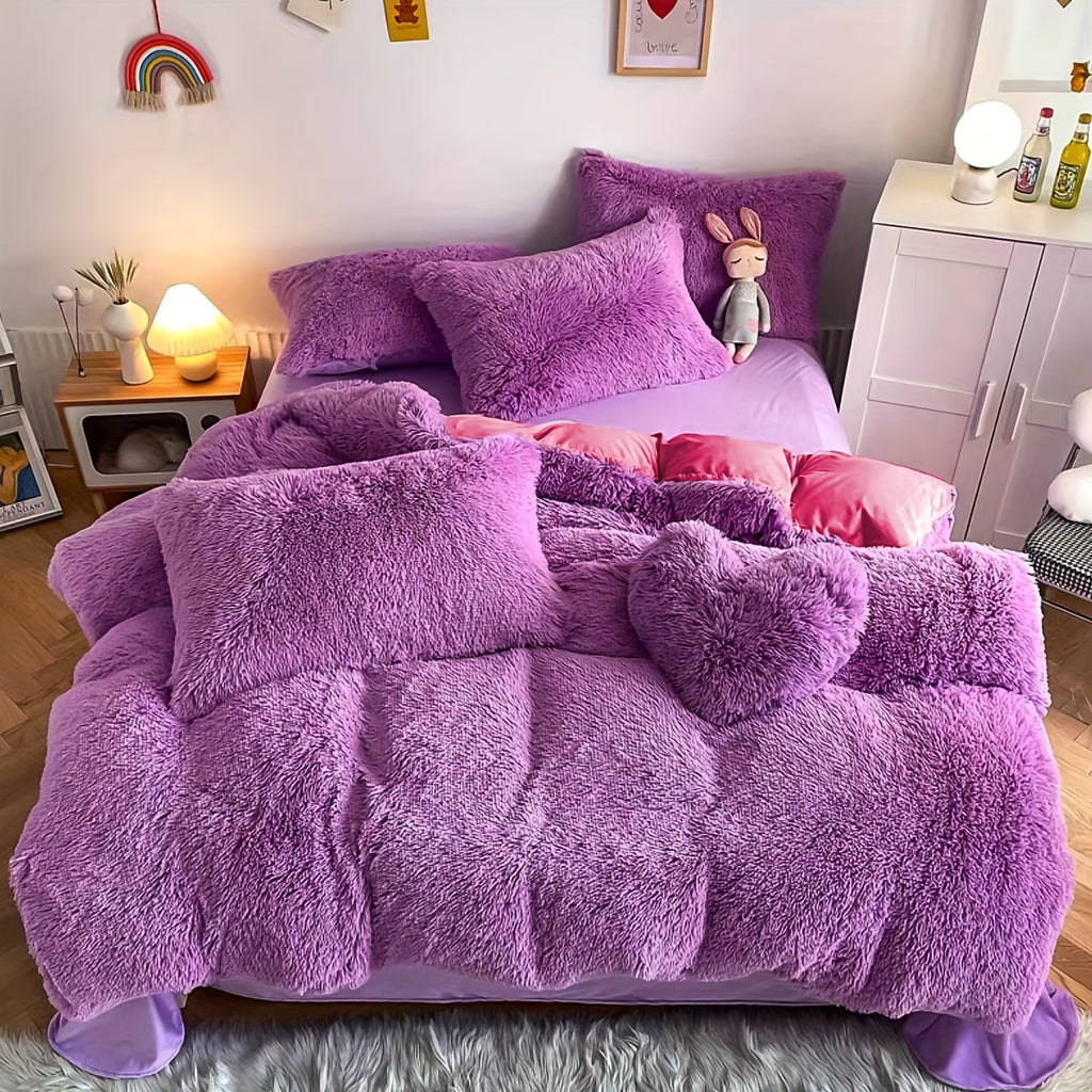 Plush Faux Fur Duvet Cover Set for Kids & Teens, 3/4 Pcs with Pillowcases & Heart Pillow, Super Soft Warm Faux Fur Comforter Cover, Machine Washable Lodge Style Bedding, Twin Queen King