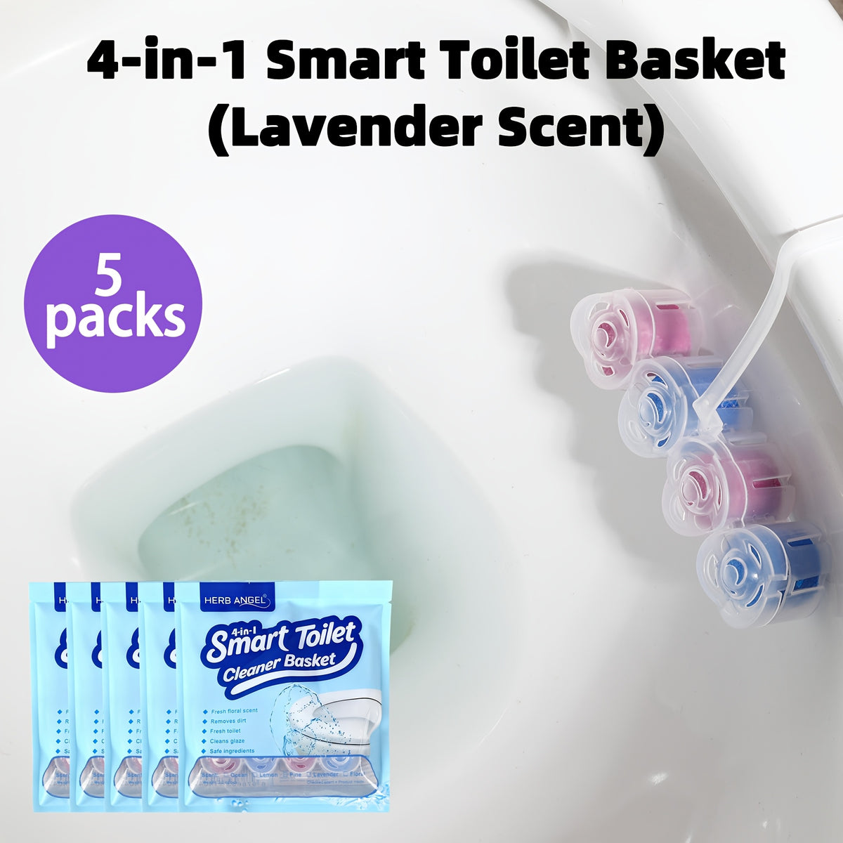 4-in-1 Toilet Cleaner Hanging Basket 5 Pack 65g – 200+ Flushes, Deodorizes & Removes Yellow Stains, Non-Corrosive Tablets for Smart, Hanging & No-Tank Toilets, 4 Fresh Scents: Ocean, Lemon, Lavender, Floral