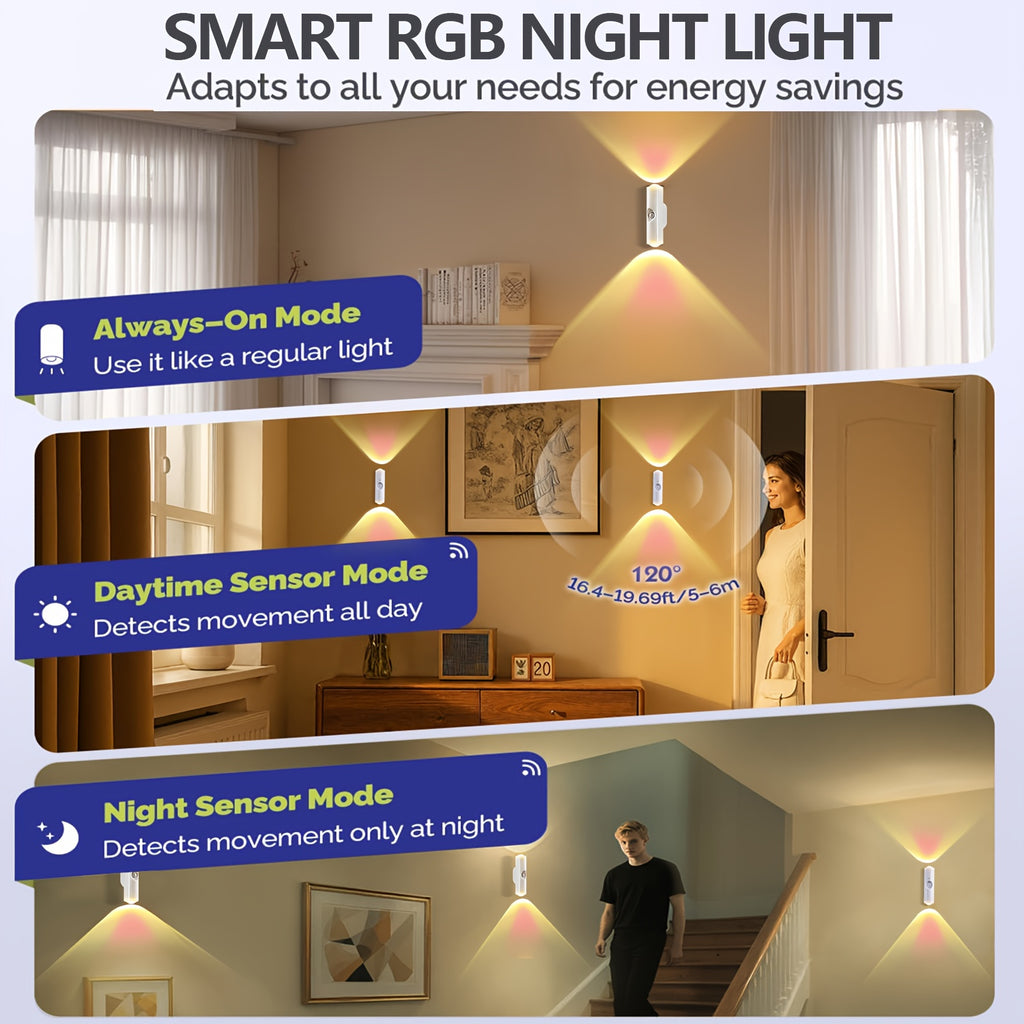 Magnetic Motion Sensor LED Night Lights USB Rechargeable - 9-Color Wall-Mounted Wireless Sconce, 3 Sensing Modes, No Wiring, for Hallway Bedroom Stairs Kitchen | Nuvia Haven