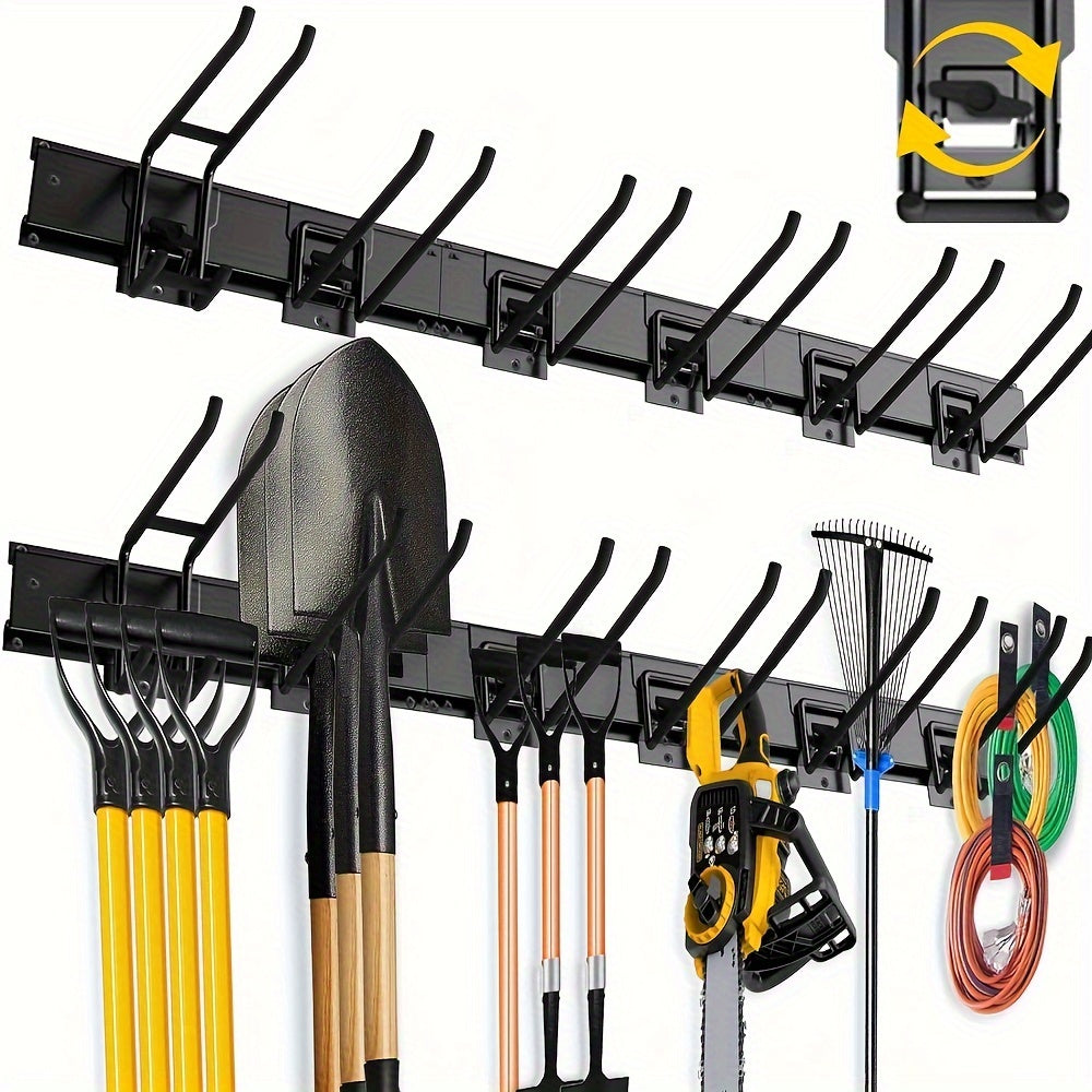 Wall Mount Garage Tool Organizer 48", Heavy Duty Steel Storage Rack with Swivel Lock Hooks, 420lbs Capacity, Holds Brooms, Shovels, Hoses & Garden Tools, Adjustable Pegboard Wall System for Garage & Shed
