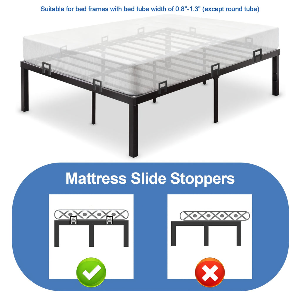 Non-Slip Mattress Gripper Brackets 4 Sets Adjustable Heavy Duty Anti-Slide Holder Clips with Screws for Metal Bed Frames Stops Mattress Sliding Black