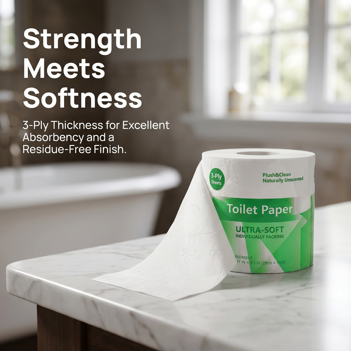 3-Ply Ultra Soft Toilet Paper Bulk 12 or 24 Rolls, Thick Bathroom Tissue, Strong Absorbent Individually Wrapped Toilet Tissue Rolls for Home Hotel Office Restroom
