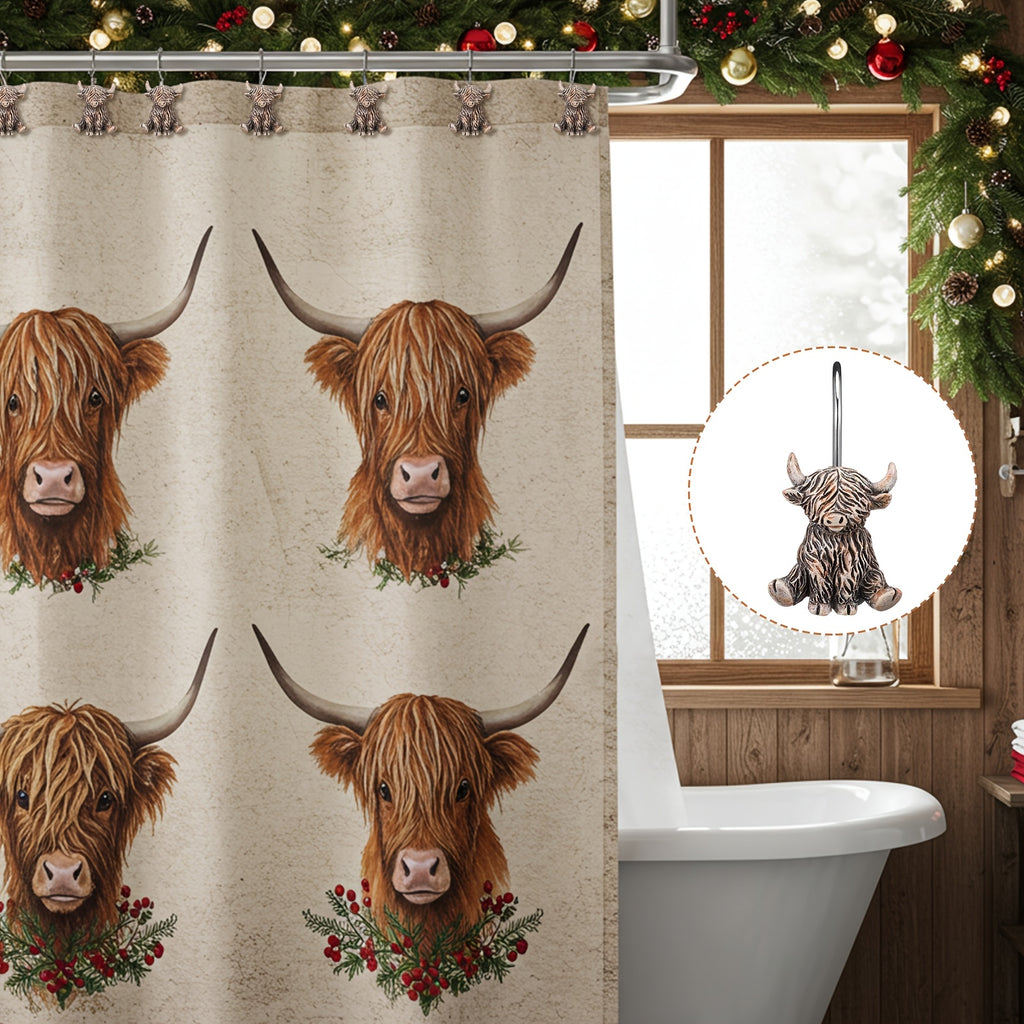 Highland Cow Shower Curtain Hooks 12 Pack - Western Farmhouse Rustic Bathroom Decor, Rust Resistant Metal Rings Hangers, Country Boho Bath Accessories Winter Home Decor