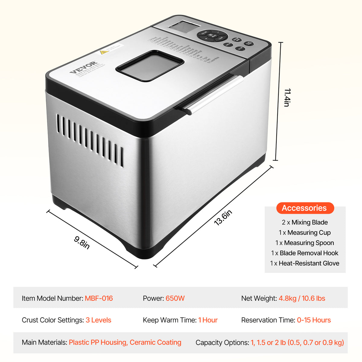 Bread Maker Machine 19-in-1 with Ceramic Non-Stick Pan, 15-Hour Timer, 3 Crust Colors, Auto Keep-Warm – Up to 2 LB Loaf