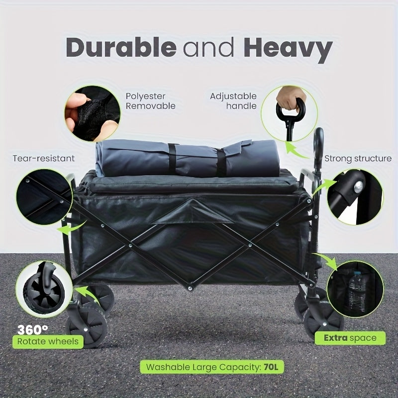 Heavy Duty Folding Utility Cart Wagon with All-Terrain Wheels, 680LBS Capacity Outdoor Camping Garden Shopping Yard Beach Sports Equipment Collapsible Wagon