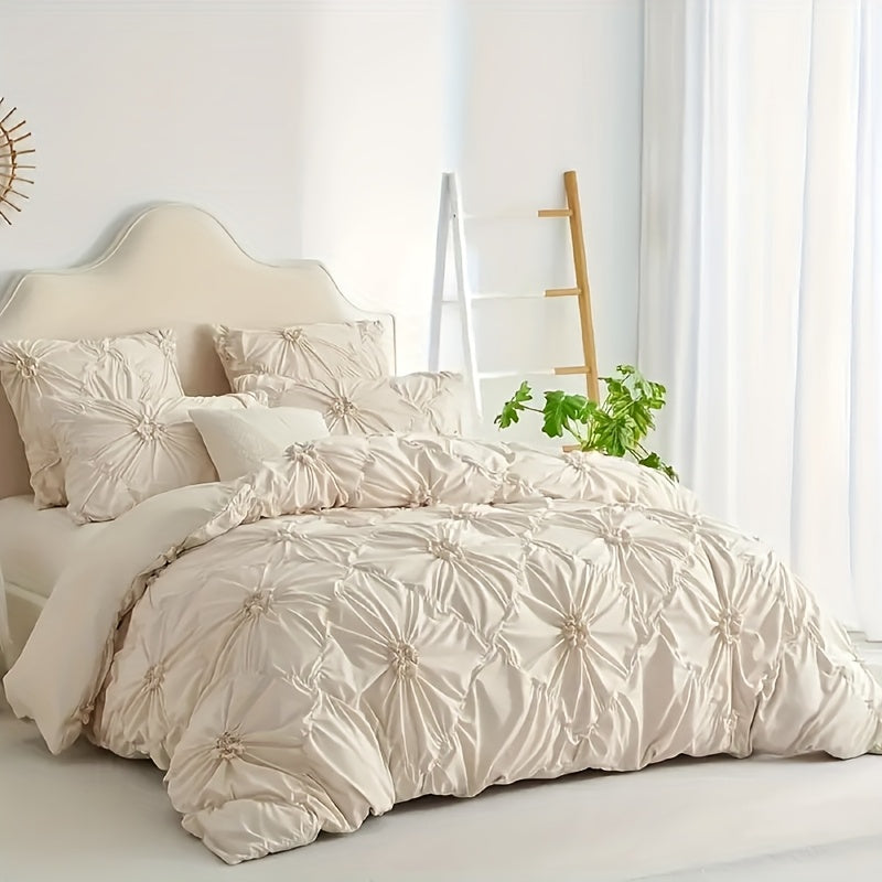 Boho Duvet Cover Set Queen King Twin Full - 3D Stereoscopic Floral Rhomboid Plaid Texture, Soft Breathable 3-Piece Bedding with Pillowcases, All-Season Bedroom Decor, White Camel Milk Coffee