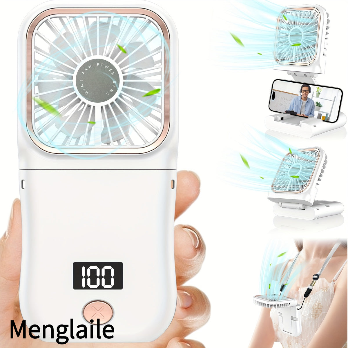 3-in-1 Portable Mini Fan with Digital Display 3000mAh USB Rechargeable – Handheld Desktop Neck Fan & Phone Stand, Foldable Travel Fan for Sports Outdoor