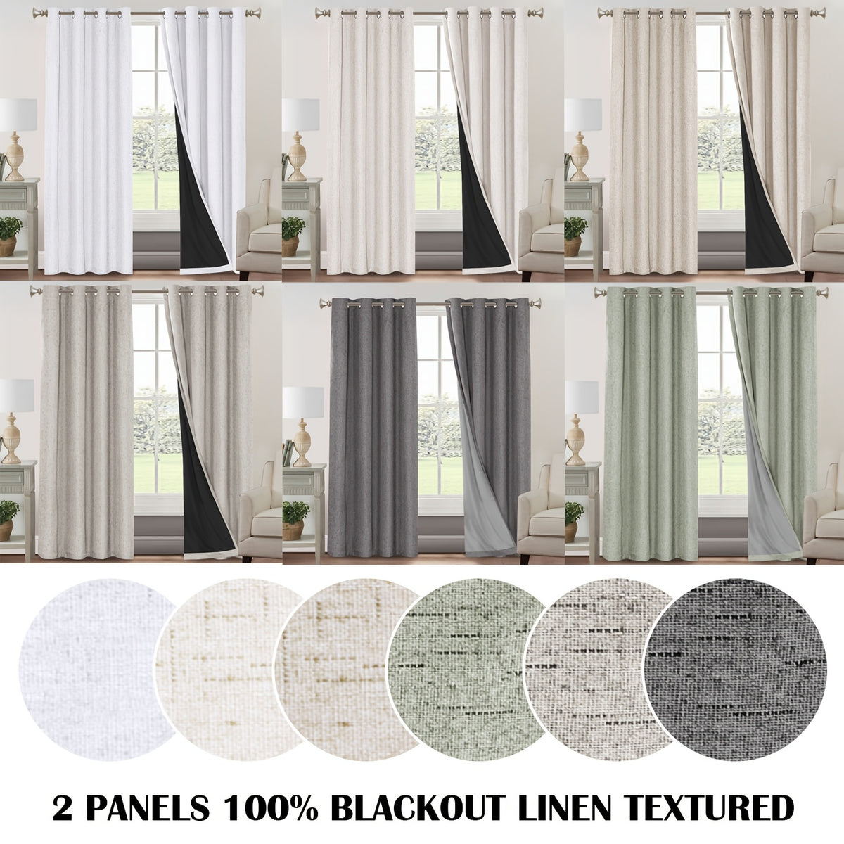 100% Blackout Linen Textured Curtains – Thermal Insulated Noise Reducing Grommet Window Drapes | 2-Panel Set for Bedroom, Living Room & Hall | 6 Neutral Colors