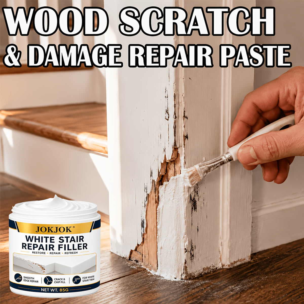 White Wood Repair Paste for Door Frames, Trim & Furniture Edges, Covers Chips, Scuffs & Surface Damage for a Smooth Clean Finish, Wood Frame Filler for Walls, Baseboards & Molding