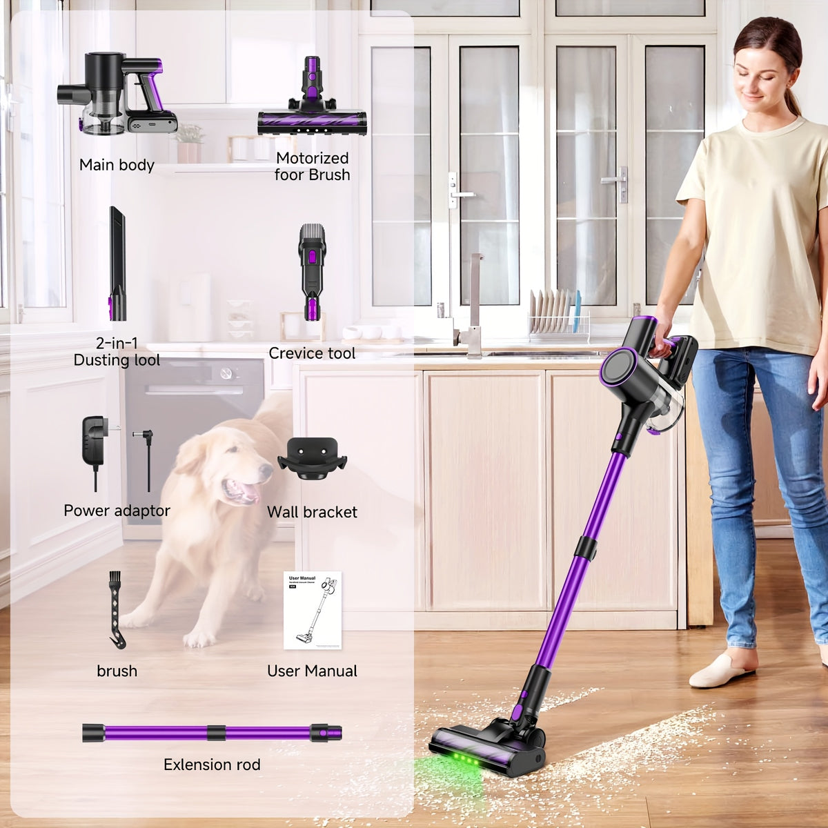 Cordless Stick Vacuum Cleaner 51-68KPa – 3-Speed Adjustable, 45-Min Runtime, Detachable Handheld, LED Floor Brush for Pet Hair, Carpet & Hard Floor