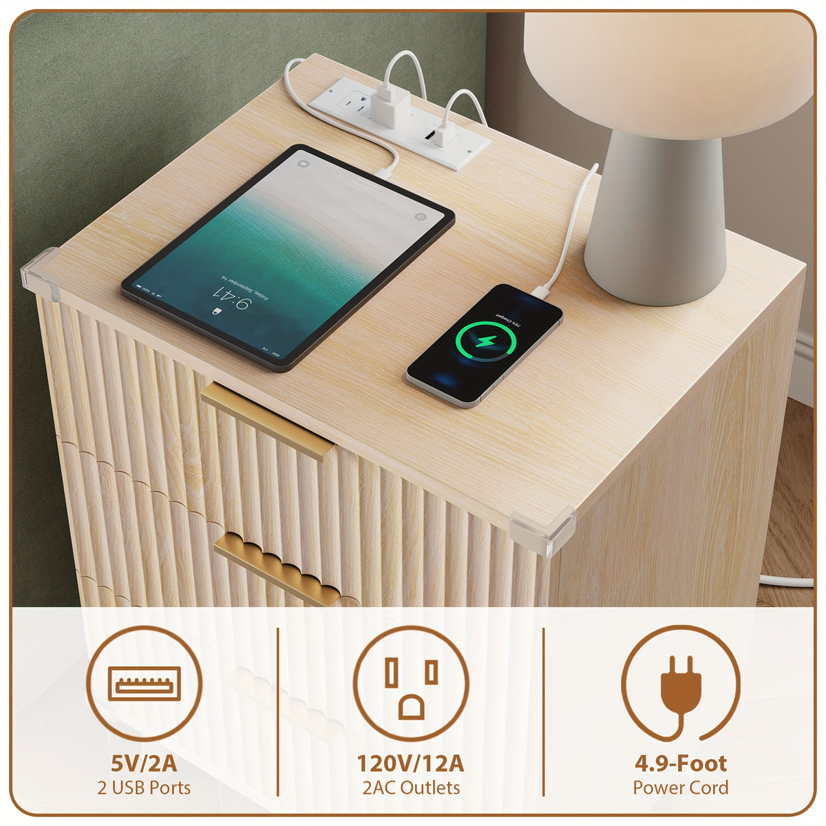 Nightstand with Charging Station – 3-Drawer Bedside Table with 2 USB Ports & 2 AC Outlets, Small Bedroom Side Table | Set of 1 or 2 | Wood, Black, White, Brown