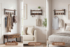 Wooden Wall-Mounted Shelf with 5 Hooks – Floating Coat Rack & Key Organizer for Entryway, Bedroom & Bathroom, Towel Hook Rail, Wall Storage for Kitchen & Living Room, Rustic Wood Hanging Shelf with Hooks