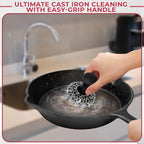 Cast Iron Cleaning Kit with 316 Stainless Steel Chainmail Scrubber – Cleaning Brush, Pan & Grill Scrapers for Skillet, Wok, Grill & Pre-Seasoned Cookware, Ergonomic Cast Iron Care Set