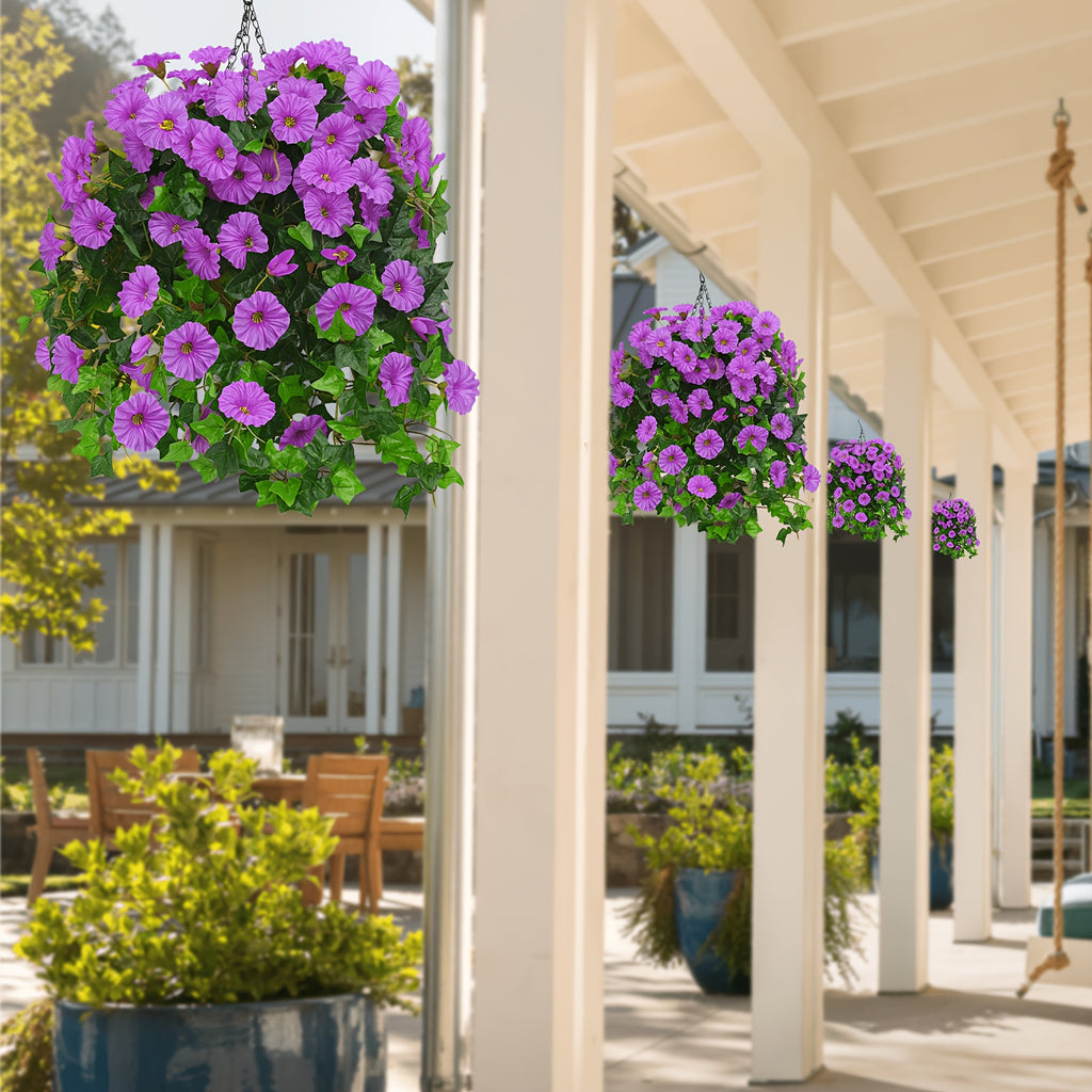 UV-Resistant Artificial Hanging Flowers with Container – Fake Petunia Hanging Plants in 6 Colors, Realistic Faux Blooms for Outdoor Garden, Patio, Porch, Balcony Railing, Wedding & Mother’s Day Decor
