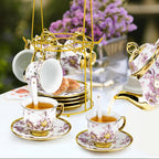 20 Piece Ceramic Tea Set Floral Design – European Afternoon Tea Service with Teapot, Cups, Saucers & Metal Stand – Blooming Style, Gift for Tea Lovers