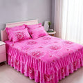 3-Piece Floral Bed Skirt Set with 2 Pillowcases, Non-Slip Lace Ruffle Bed Skirt, All-Season Polyester Bedding, Machine Washable, Bedroom & Guest Room Decor in Pink Rose, Purple Rose, Peony & More
