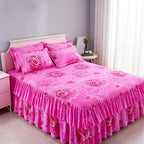 3-Piece Floral Bed Skirt Set with 2 Pillowcases, Non-Slip Lace Ruffle Bed Skirt, All-Season Polyester Bedding, Machine Washable, Bedroom & Guest Room Decor in Pink Rose, Purple Rose, Peony & More